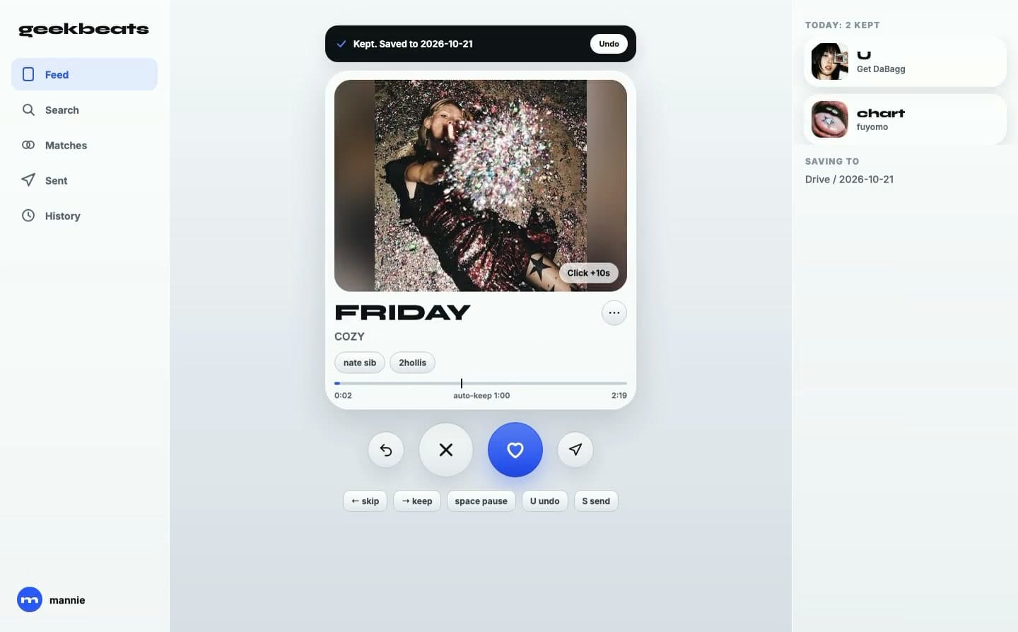 geekbeats on a Mac in a frame from a screen recording of the app: a beat card playing in the middle, the tabs in a sidebar and today's two keeps on the right