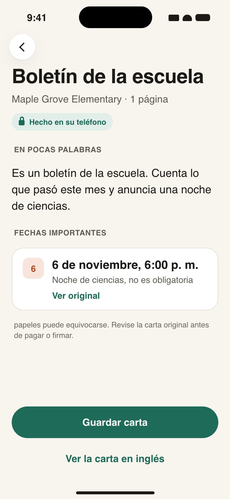 The papeles design for a school bulletin: a short summary in Spanish, then the event date with a link back to the English line