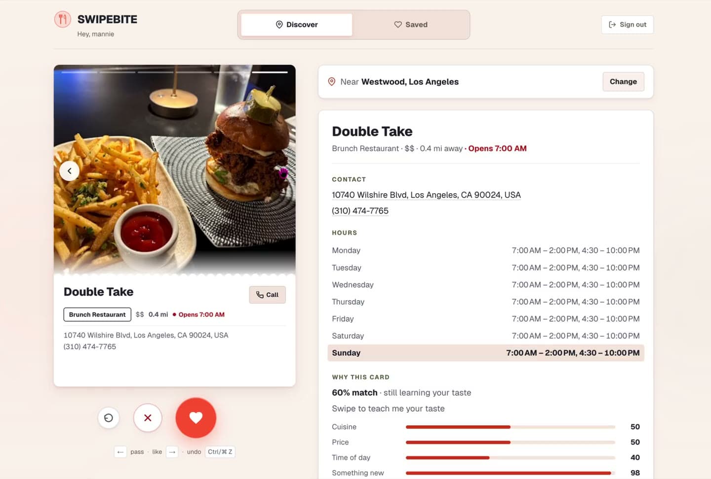 SwipeBite's swipe feed showing Double Take
