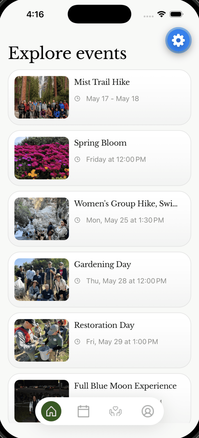 The Explore events feed with the redesigned event cards
